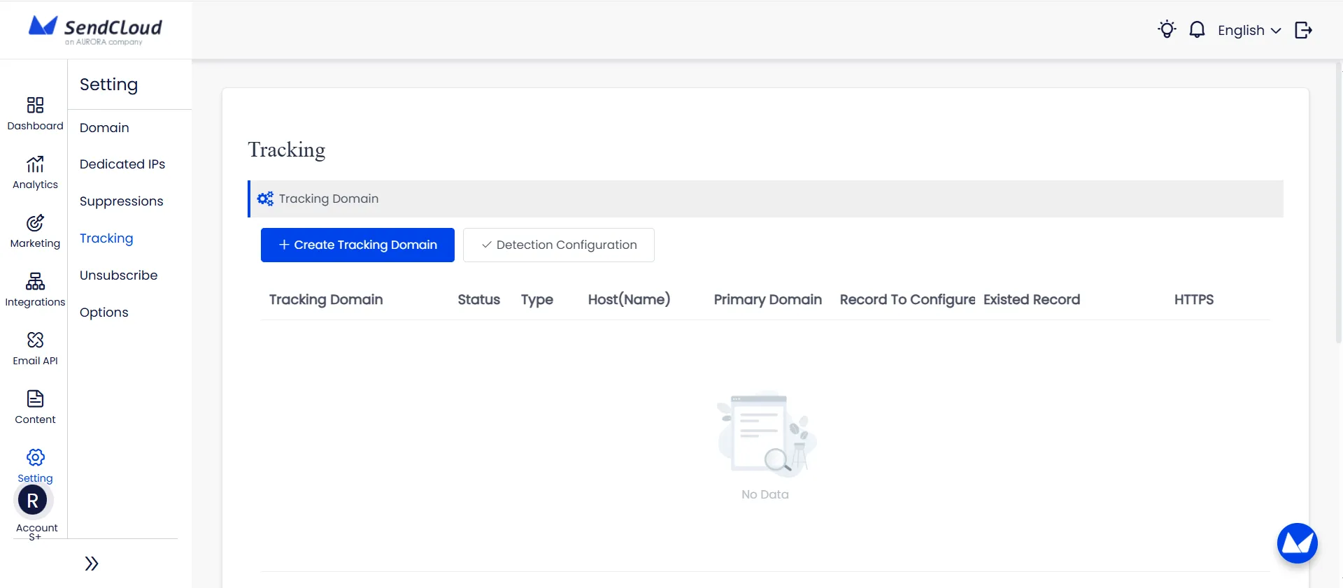Aurora SendCloud 追蹤設定頁面，列出追蹤網域和用於配置開啟、點擊和退訂的 HTTPS 追蹤的控制項。