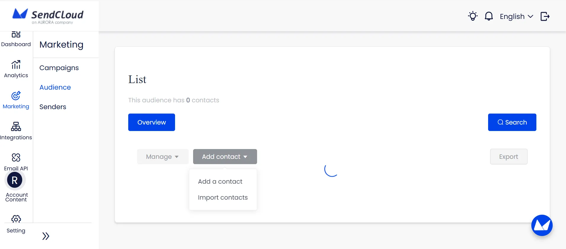 Aurora 行銷受眾名單頁面，包含用於建立基於同意的名單的新增聯絡人和匯入聯絡人選項。