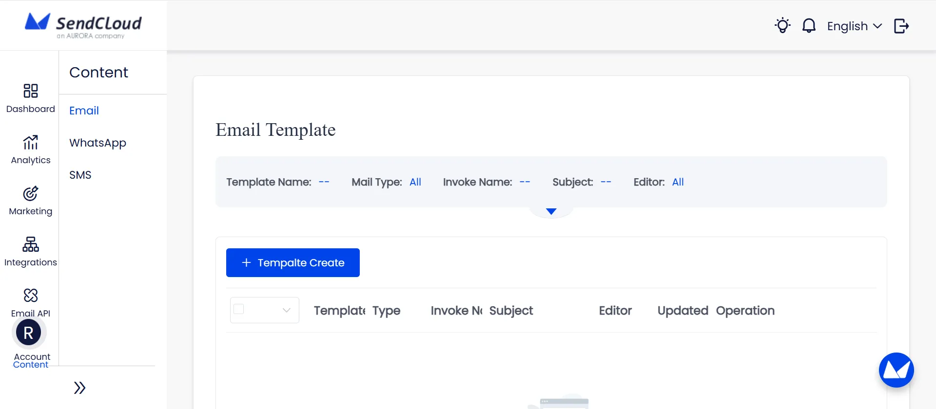 Aurora SendCloud 電子郵件範本清單視圖，顯示現有範本和一個建立新電子郵件範本的按鈕。