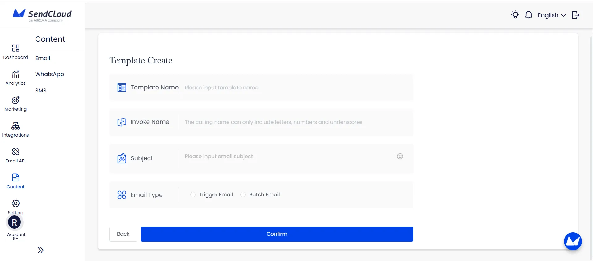 Aurora SendCloud 範本建立畫面，包含範本名稱、呼叫名稱、主旨和郵件類型選擇的輸入欄位。