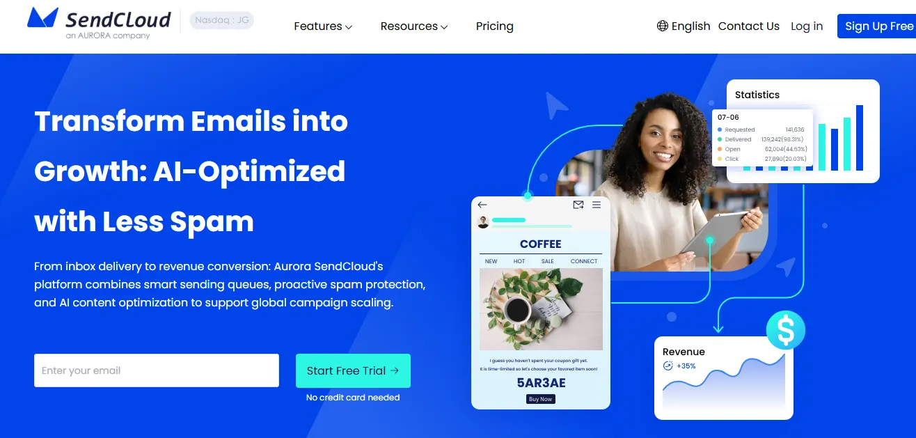 aurora-sendcloud-email-delivery-platform-homepage