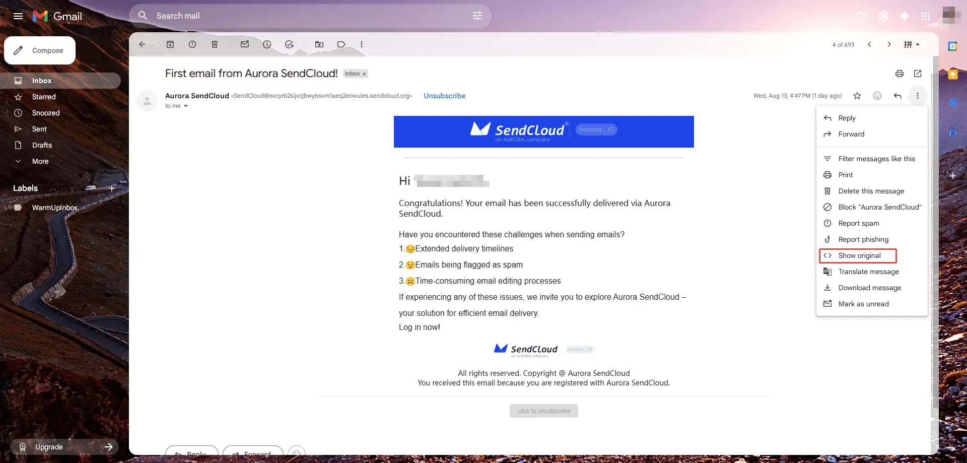 aurora-sendcloud-email-in-gmail-box