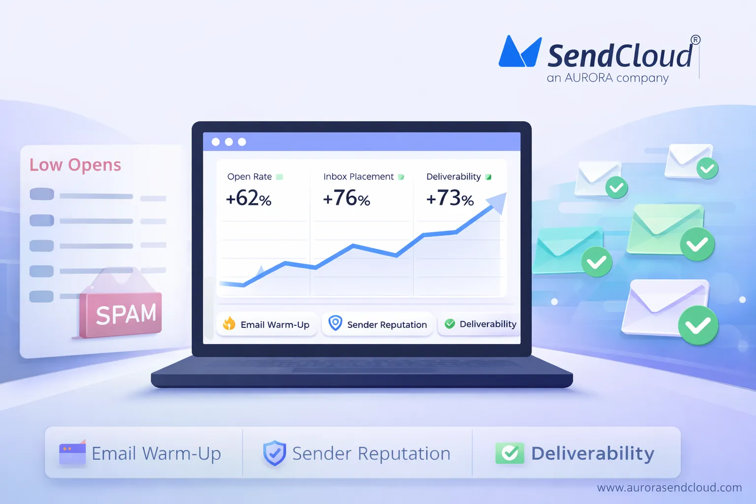 Email warm-up illustration showing inactive emails turning into strong inbox delivery