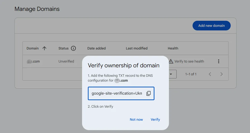 Verify domain within the Postmaster Tools