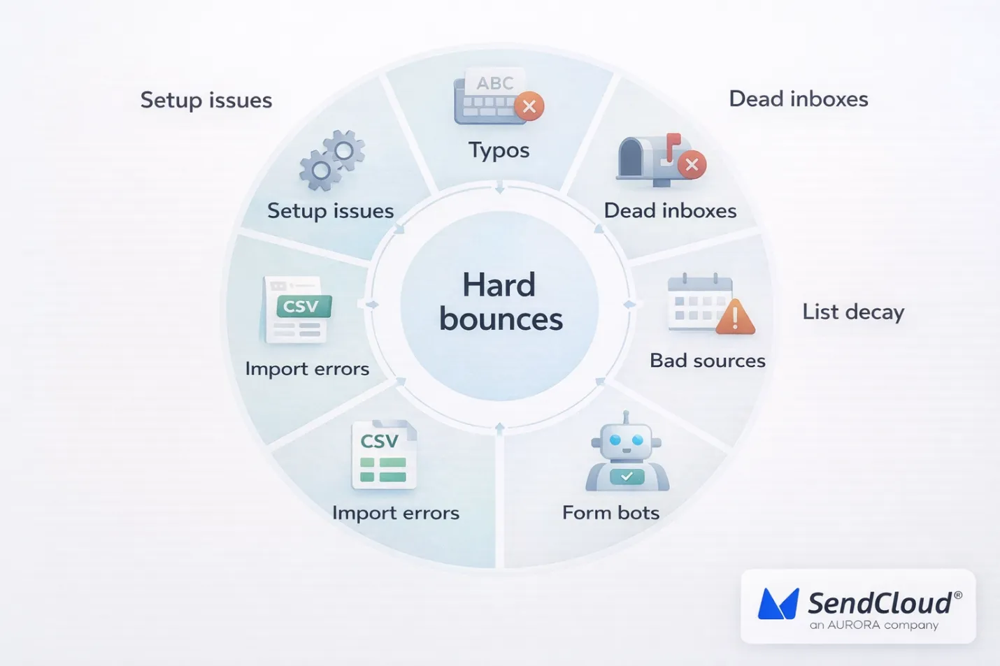 Wheel infographic listing common hard bounce causes like typos, list decay, bots, and setup issues.