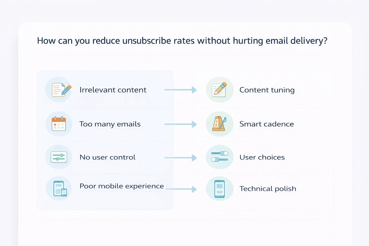 Two‑column process graphic linking common email problems to solutions such as content tuning, smart cadence, user choices, and technical polish.
