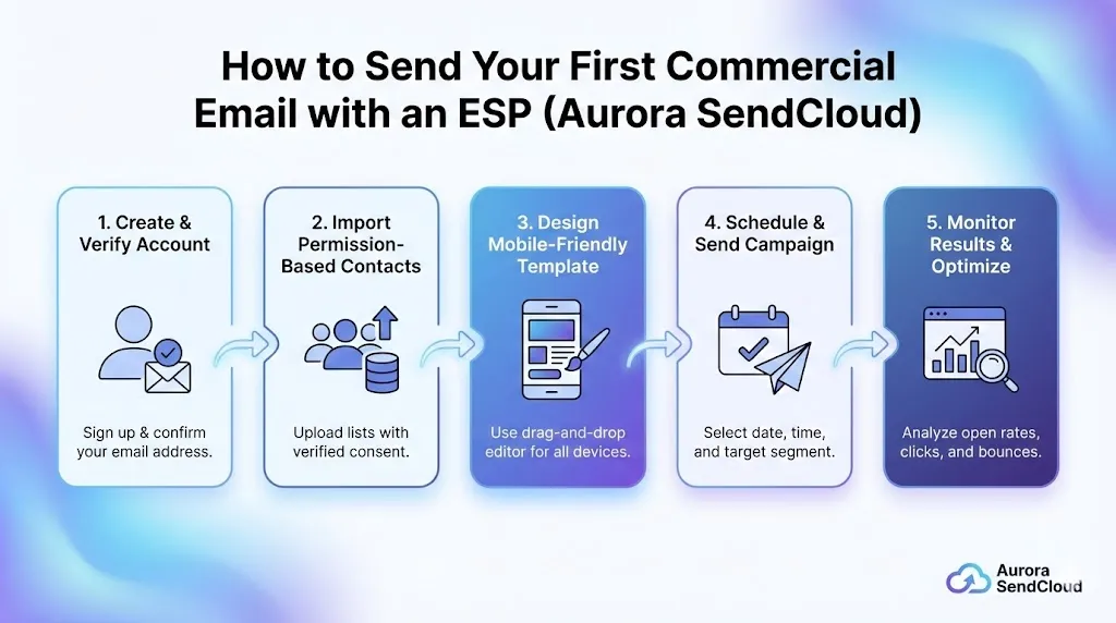 總結 Aurora SendCloud 五個步驟的資訊圖：建立帳戶、導入基於同意的聯絡人、設計行動裝置友好的範本、排程發送以及監控結果。